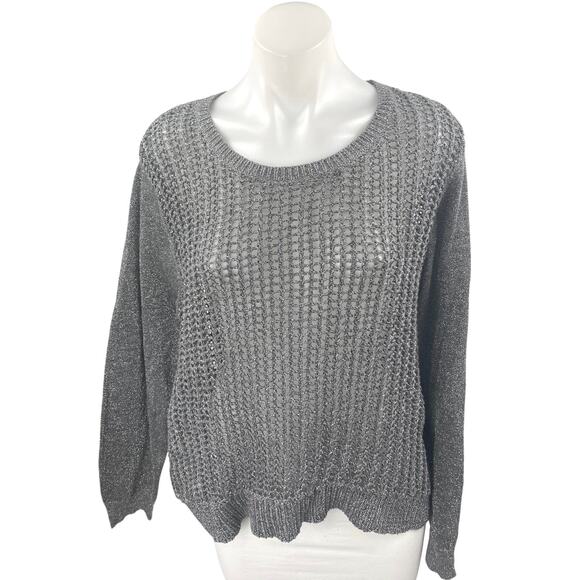 Kenneth Cole Women's Gray Metallic Open Knit Long Sleeve Cover Up Sweater Top L - Picture 1 of 3